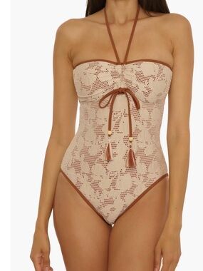 Lucky Brand Convertable Bandeau/Halter  One-Piece Swimsuit with Tassel Tie